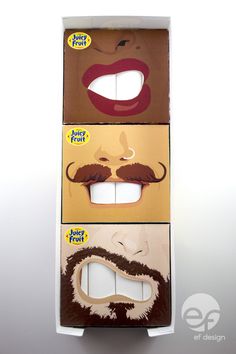 three cardboard boxes that have different types of mustaches on them, and one has the same