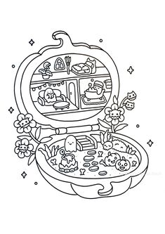 the inside of an open suitcase filled with animals and flowers, while it is outlined in black and white