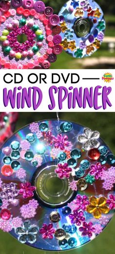 the cd or dvd wind spinner is made from cds and other colorful beads on it