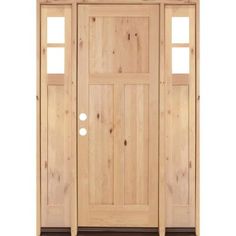 a wooden door with two sidelights on the front and side panels, against a white background