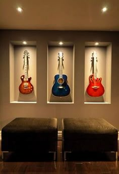 a room with three guitars in it and the caption reads, 100 images about man cave on pinterest music rooms, guitar and