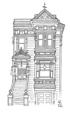 a drawing of a house with stairs leading up to it