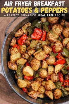 the cover of air fryer breakfast potatoes and peppers is shown in a skillet