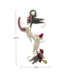 three christmas mice hanging from the ceiling in front of a white background with measurements for each ornament