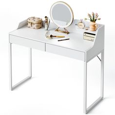 a white desk with a mirror and various items on it