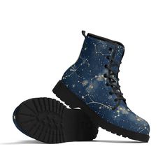 We love all things celestial!  These celestial galaxy boots will be a new favorite for your star-gazing wardrobe.  Made for men and women. While technically it isn't correct to illustrate the constellations backward, I did it anyway to mirror the image and make the boots match with opposite designs. ☺ ---------------- Women's and Men's Vegan Leather Boots  When did you last feel that your shoes help express your individuality?  Or when is the last time you received comments on your shoes? If thi Space Shoes Aesthetic, Constellation Boots, Galaxy Boots, Space Shoes, Vegan Leather Boots, Boots Combat, Star Boots, Star Gazing, Boots Mens