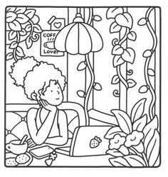 a coloring page with a girl talking on the phone