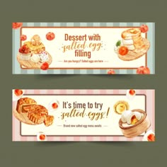 two banners with different food items on them