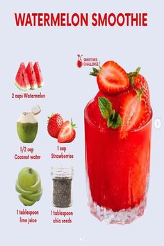 the ingredients to make watermelon smoothie are shown in this graphic diagram, including strawberries and kiwis