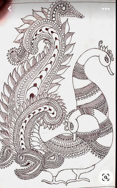 a drawing of a peacock with intricate designs on it