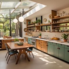 a kitchen filled with lots of counter top space and wooden cabinets under a skylight