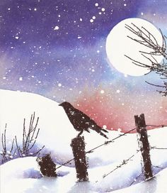 a painting of a bird perched on a fence post in the snow with a full moon behind it