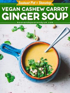 Come enjoy the best comfort food with this Vegan Cashew Carrot Ginger Soup (Instant Pot + Stovetop)! It's a quick and easy dump and start recipe, made with simple ingredients that are dairy free, gluten free, and soy free. A perfect hearty soup for any day! Carrot And Ginger Soup, Lentils Instant Pot, Gluten Free Family Meals, Vegan Appetizers Recipes, Soup Instant Pot, Carrot Ginger Soup, Ginger Soup, Yum Recipes