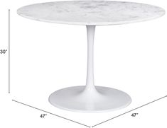 an image of a table with measurements for the base and top on white marbled surface