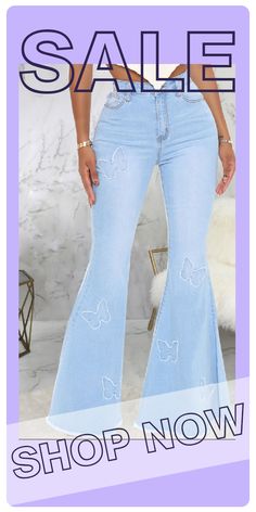 Baby Blue Casual Butterfly Print Split Joint Mid Waist Boot Cut Denim Jeans Blue Non-stretch Cotton Flare Jeans, Non-stretch Blue Cotton Flare Jeans, Summer Light Wash Denim Flare Jeans, Spring Blue Cotton Flare Jeans, Non-stretch Blue Denim Flare Jeans, Trendy Mid-rise Flare Jeans For Spring, Spring Mid-rise Trendy Flare Jeans, Cute Wide Leg Spring Bottoms, Dark Wash Patchwork Jeans For Summer