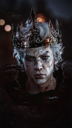 a man with white hair wearing a crown on top of his head, in the dark