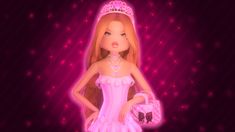 a barbie doll wearing a tiara and holding a purse in front of a pink background