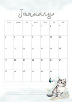 a calendar with a cat sitting on the ground and a butterfly flying over it, in blue