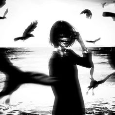 a woman standing on top of a beach next to seagulls flying over the ocean