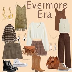 an assortment of clothing and shoes with the words, evenmore era on top of it