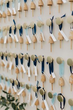 the wall is decorated with wooden pegs and blue ribbon ties on it's sides