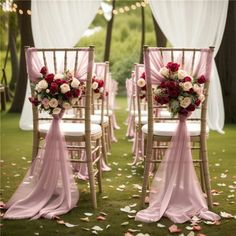 two chairs with pink sashes and flowers on them are set up for an outdoor ceremony