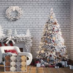 a living room decorated for christmas with white and red decorations