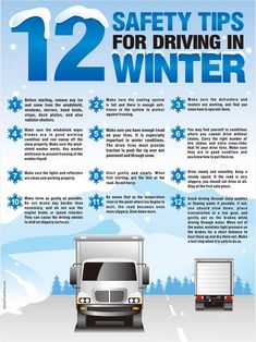 a truck driving down a snowy road with the words 12 safety tips for driving in winter