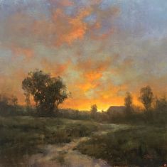 an oil painting of a sunset over a field with trees in the foreground and a river running through it