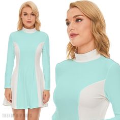 Step into the iconic fashion of the 60s with our Mod Dress - a stylish nod to the Color Block trend that defined the era. This 60s Dress Style showcases a contrasting light blue and white color block print, creating a visually striking and retro aesthetic. Crafted from 100% velour polyester, this Blue GOGO Dress offers a luxurious feel and ensures a comfortable fit. The Princess Style bodice with a mini skirt, turtle neckline, and long sleeves embodies the quintessential 60s fashion, making it a Gogo Dresses For Sale, Blue A-line Mod Dress, Retro Blue Mini Dress, Retro Stretch Mini Dress, Spring Fitted Mod Mini Dress, Fitted Mod Mini Dress For Spring, White Mod Mini Length Dress, Mod Long Sleeve Dresses, Blue Retro Mini Dress For Party