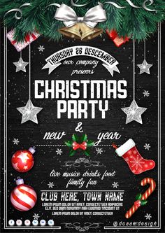 christmas party flyer template with stockings and stocking hanging from the tree, on black background