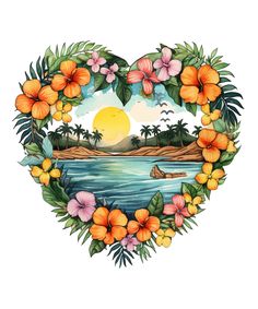 a heart shaped frame with tropical flowers and palm trees in the center, on a white background