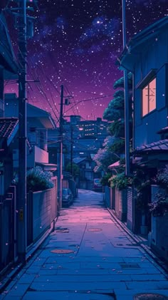 an alley way with buildings and stars in the sky