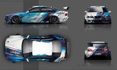 four different views of the same car in three different angles, each with its own paint scheme