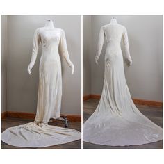 the back and side views of a white gown on display in front of a wall