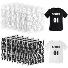 three t - shirts with different font and numbers printed on them, all in black and white