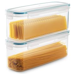 two plastic storage containers with pasta noodles in them and one container filled with cheesesticks