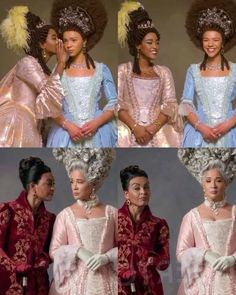 four different pictures of the same woman in period costumes, one with an afro and two without