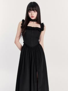 ❤︎Romantic mode slit long dress❤︎ Black Alternative, Painted Leather Jacket, Alternative Dress, Gothic Dress, Goth Outfits, Slim Dresses, Versatile Dresses, Kpop Fashion Outfits, Black Xs