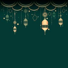 a green background with hanging lanterns and stars