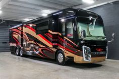 a large motor home parked in a garage