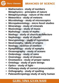 an orange and white poster with the words branches of science on it, including text