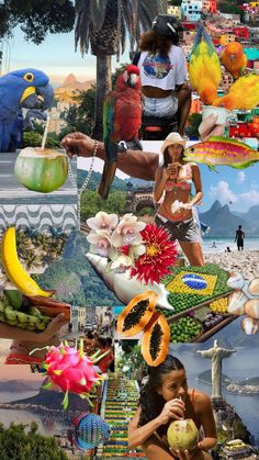 a collage of pictures with people and birds on them, including fruit, flowers, trees, watermelon, bananas, and other things