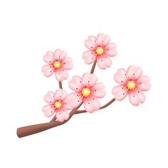 three pink flowers with yellow centers on a white background in the shape of a branch