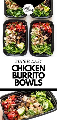 Save this Easy Healthy Chicken Burrito Bowl Recipe. Meal prep is made super easy and healthy with Chicken Burrito Bowls! Loaded with homemade salsa, cilantro-lime rice, and grilled chipotle chicken with a little lettuce on the side, this recipe is perfect for a grab-and-go lunch. So much better than Chipotle! Follow Chef Savvy for more healthy chicken recipes. Healthy Meal Prep Chicken, Meal Prep Chicken Burrito, Grilled Chipotle Chicken, Burrito Bowl Meal Prep, Lunch Bowl Recipe, Meal Prep Chicken, Chipotle Burrito Bowl, Chicken Burrito Bowls, Bowl Recipes Easy