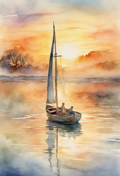 a painting of a sailboat on the water at sunset with clouds in the background