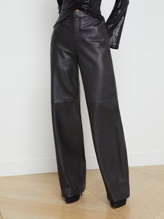 A luxe straight-leg trouser in black lambskin leather. Supple premium-leather hugs from contoured waistband to upper thigh, then releases into a full straight leg. Includes front slant and back welt pockets. With zip fly and hidden hook-and-bar closures. Fully lined. 100% Leather. Great Neck New York, Evening Jumpsuit, Knit Denim, Leather Trousers, Casual Blazer, Straight Leg Trousers, Winter 2023, Fall Shopping, Lambskin Leather