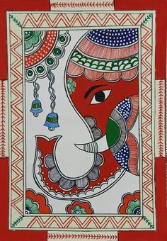 an elephant painted on the side of a red and white wall with bells hanging from it's trunk