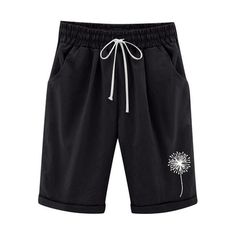 a black shorts with a dandelion embroidered on the side and drawstring