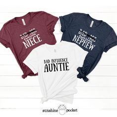 Funny shirts for that Aunt/Uncle Niece/Nephew sets! This listing is for ONE SHIRT.  - Select the size, add personalization info, click 'Add To Cart', then go back to this listing and repeat for 2nd size.  - Reference size charts carefully, keeping in mind that the sizing table only contains measurements for one side of the garment, not the circumference. Choose size(s) from drop-down menu. - Please allow 7 - 14 business days for processing and shipping. -Bella and Canvas Tees are a buttery-soft Aunt And Nephew Shirts, Auntie Things, Aunt And Nephew, Nephew Shirts, Sloped Shoulders, Aunt And Niece, Auntie Era, Uncle Tshirt, Auntie Shirts